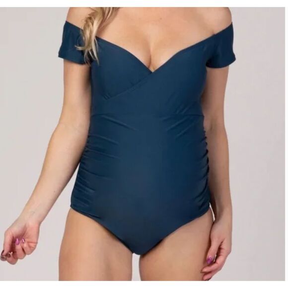 Pink Blush Navy Blue Off Shoulder Maternity One-Piece Swimsuit. Xlarge - Picture 1 of 4